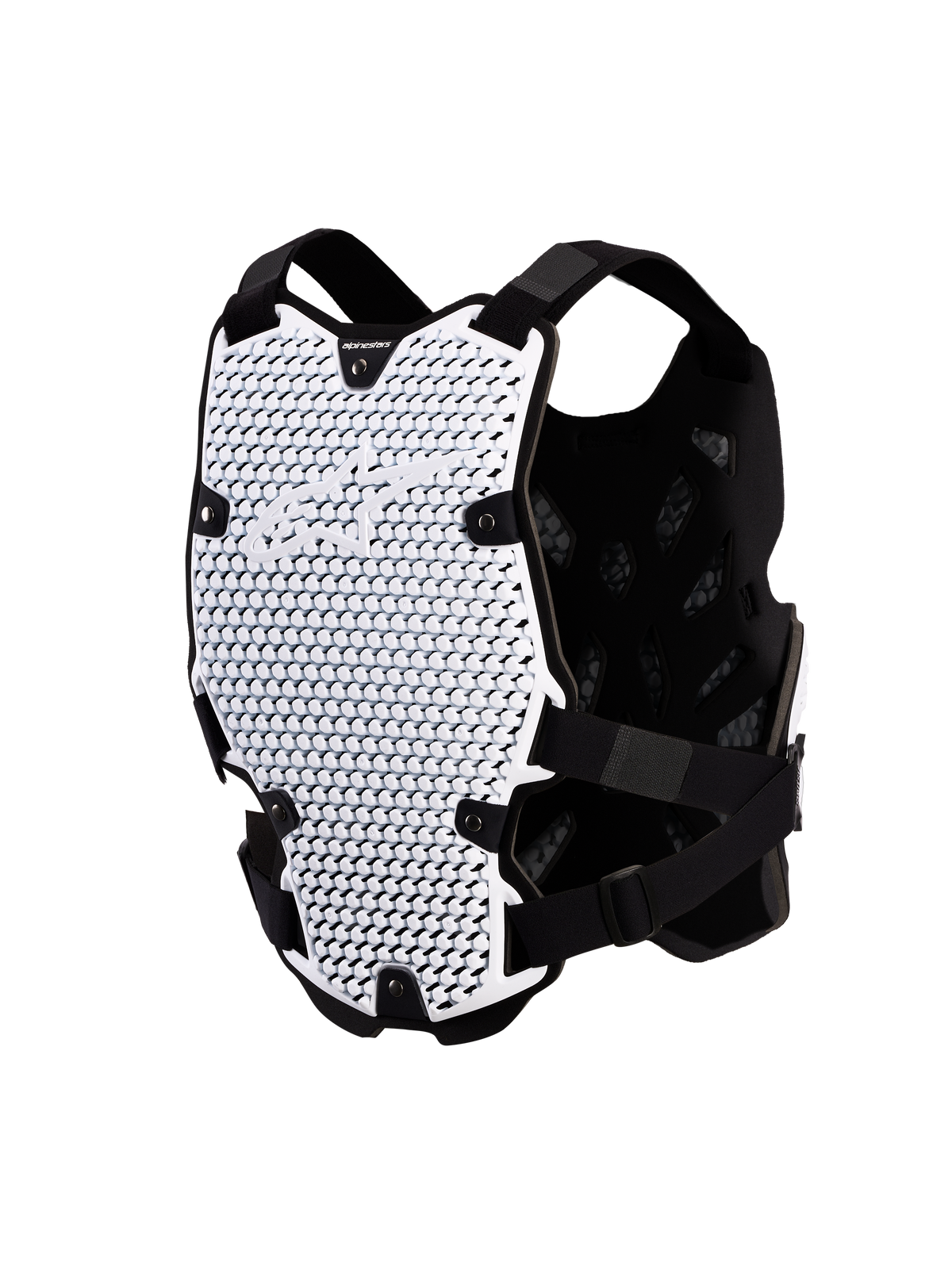 Alpinestars Bionic Action bröstskydd, vitt och svart motocross-skydd, CE-nivå 1 med ventilerande A-Morph-teknologi.