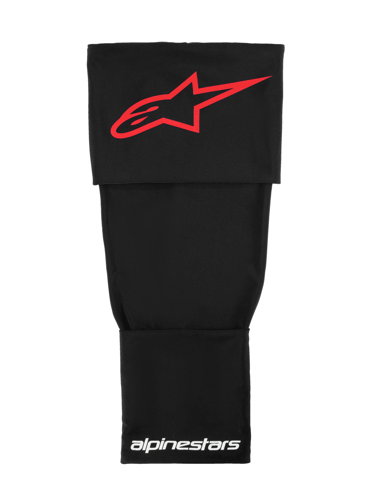 Alpinestars Rk-S knähylsa, tekniskt baslager för motocross, svart med röd Alpinestars-logotyp och vit text, stretchigt dubbellagersmaterial för stöd under knäskydd