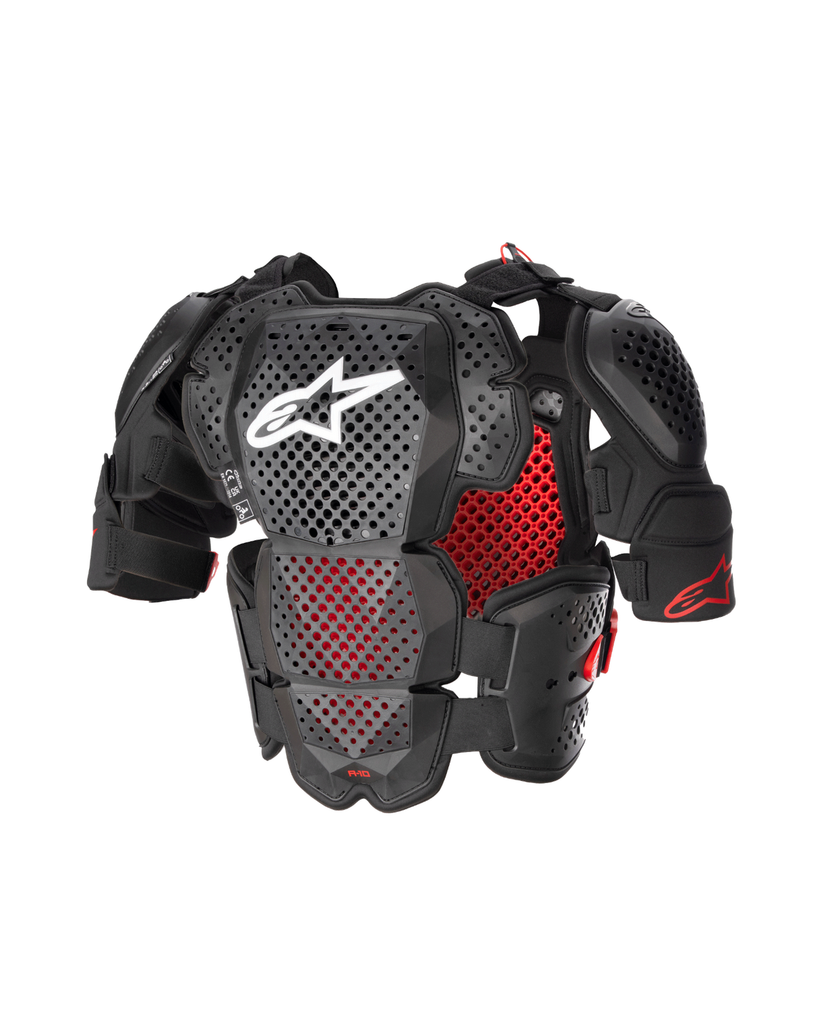 Alpinestars A-10 V2 fullt bröstskydd, motocross kroppsskydd, svart och röd, med perforerade bröst- och axelplattor, rött bikakefoder och vit Alpinestars-logotyp på bröstet