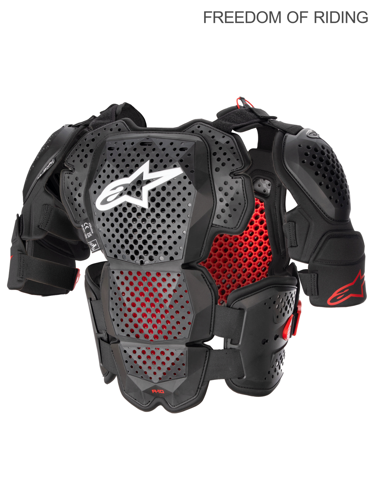 Alpinestars A-10 V2 fullt bröstskydd för motocross och off-road, herr, antracit, svart och röd. CE-certifierat nivå 2-skydd med Polyhedron Hybrid Technology för maximal ventilation, axelskydd och ramluftsventilation.