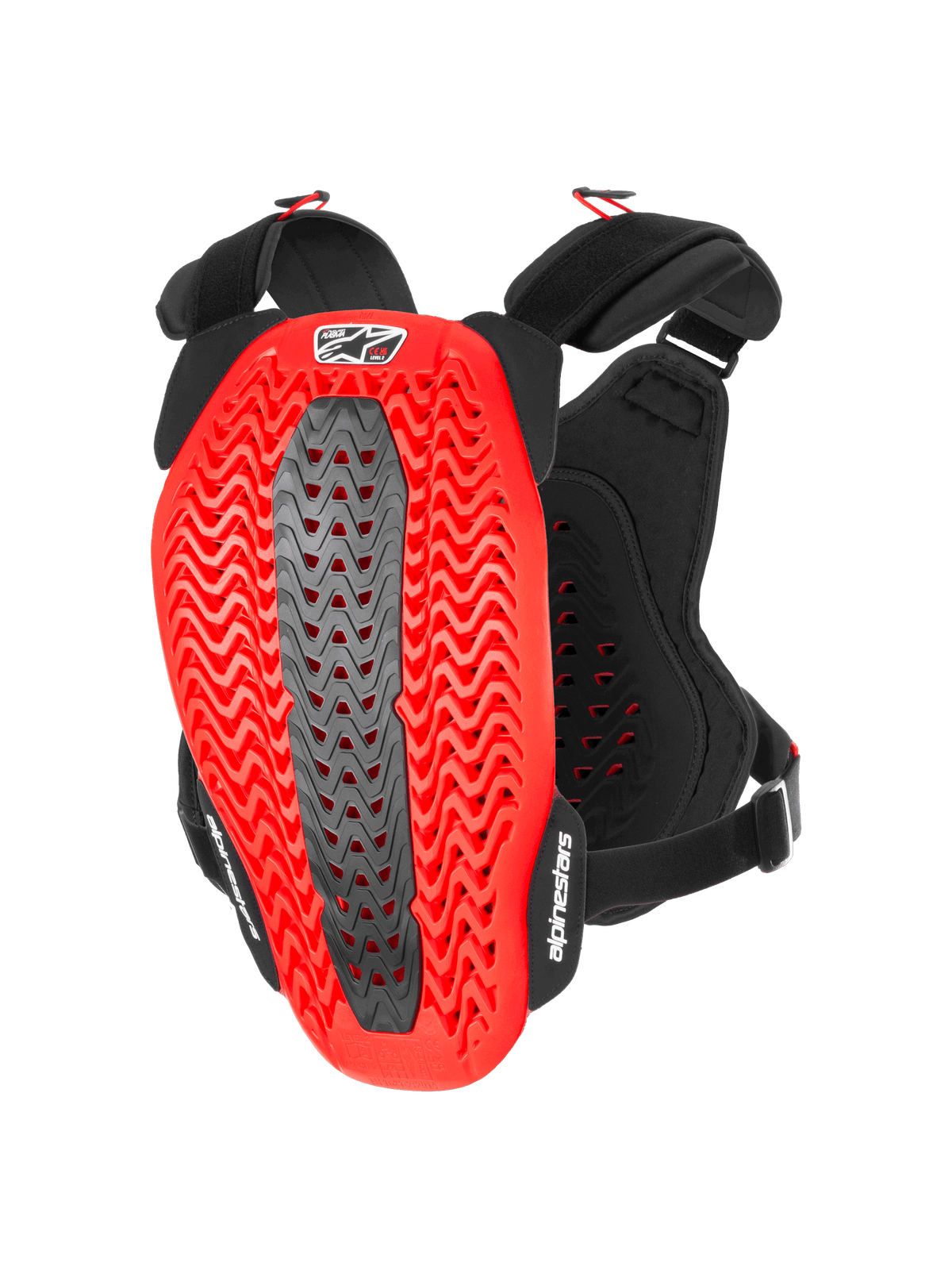 Alpinestars A-5 Plasma bröstskydd, bröst- och ryggskydd för motorcykel, svart och rött, baksida som visar rött vågigt perforerat Nucleon PLASMA-skal med en grå central zon, svarta justerbara remmar med vita logotyper, skyddsutrustning för motocross och terrängkörning