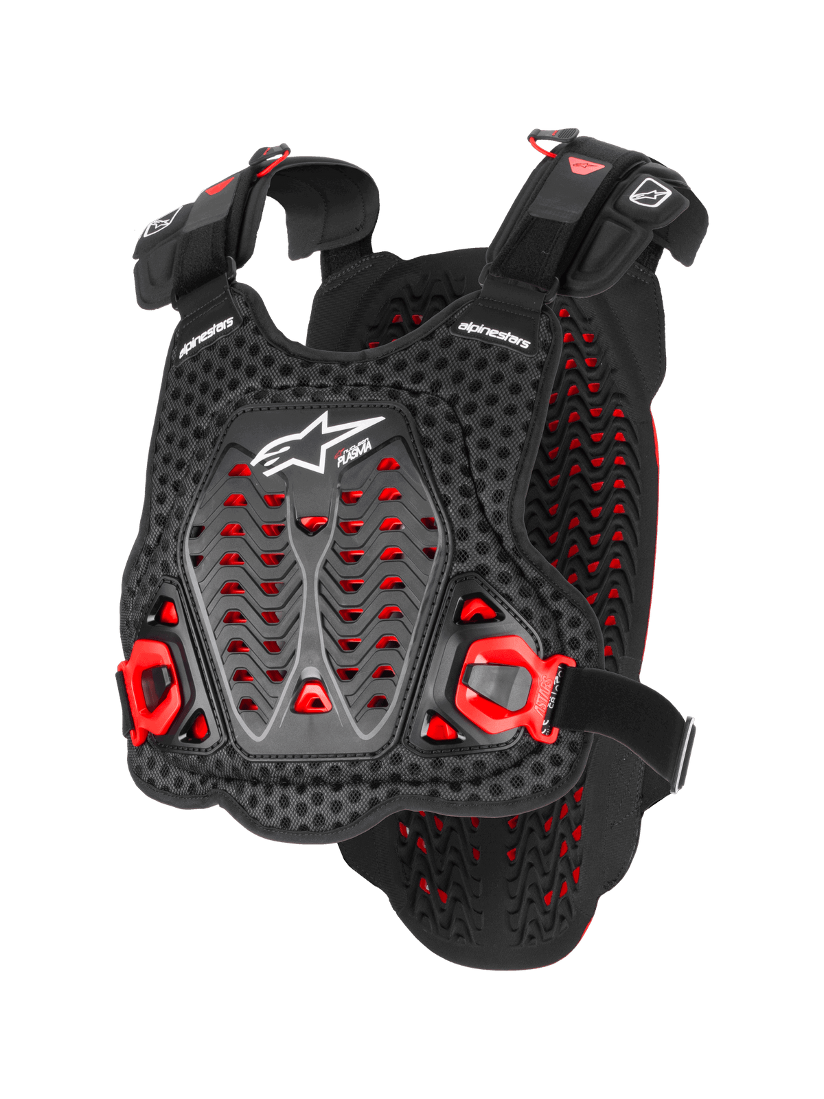 Alpinestars A-5 Plasma bröstskydd, motocross-kroppsskydd, svart och röd, perforerad 3D-mesh med Nucleon Plasma-material, vinklade skyddspaneler, justerbara remmar, vit logotyp, CE-certifierad säkerhetsutrustning