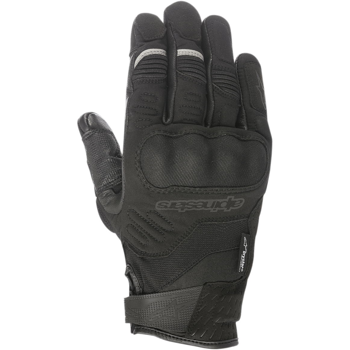 Alpinestars C-30 Drystar® Gloves, Black Motorcycle Gloves, featuring over-molded hard knuckle protection, stretch textile and softshell construction, Velcro wrist strap, and subtle grey reflective accents on the fingers.