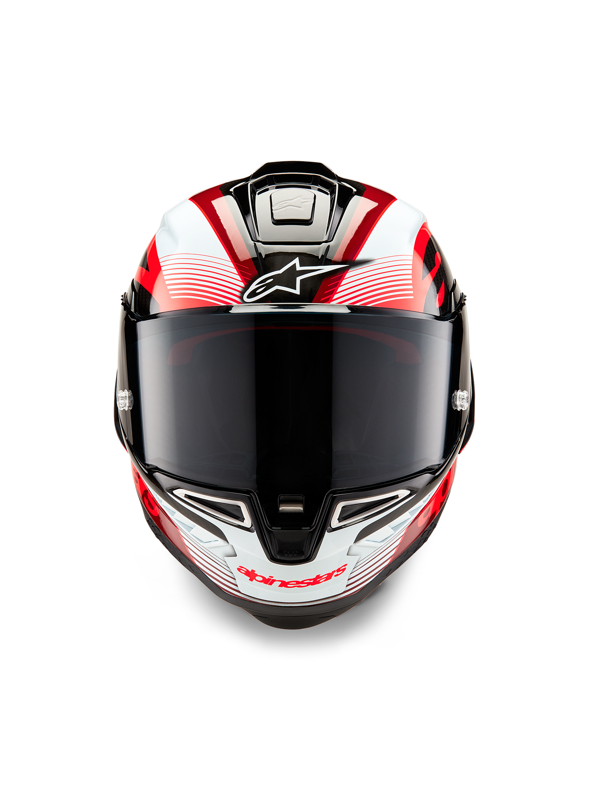 Alpinestars Supertech R10 Team-hjälm, sedd framifrån, svart kolfiber, röd och vit glansig finish, mörkt rökfärgat visir, vit Astar-logotyp i pannan, röd Alpinestars-logotyp på hakpartiet, aerodynamisk race-design med detaljerad grafik