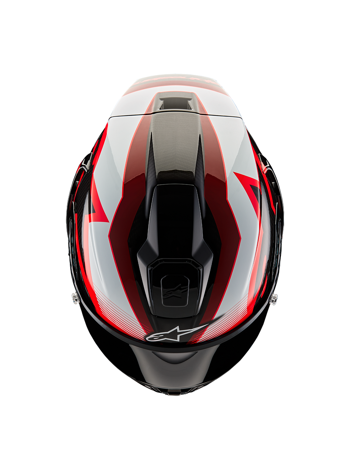 Alpinestars Supertech R10 Team Helmet, Top-down view, Black Carbon Red and White Glossy, aerodynamic shell with central ventilation ports and bold racing graphics, professional sport motorcycle helmet.