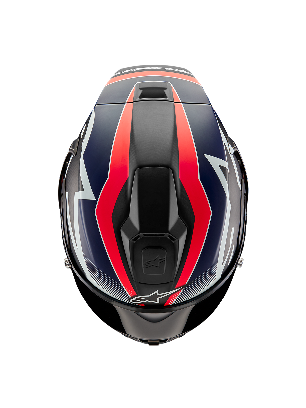Alpinestars Supertech R10 Team Helmet, top-down view, Black Carbon with Red Fluo and Matte Blue graphics, featuring an aerodynamic shell design with top ventilation ports and bold racing accents.