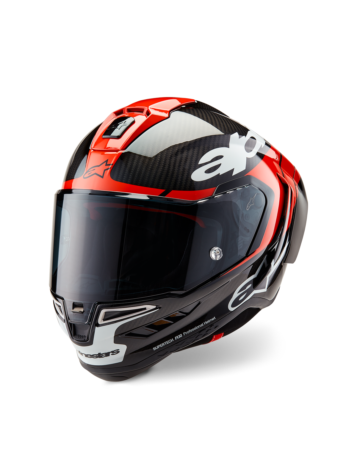 Alpinestars Supertech R10 Element-hjälm, racinghjälm för motorcykel, blank svart kolfiber, klarröd och vit, trekvartsvy framifrån med mörkt tonat visir, blankt kolfiberskal, röda toppventiler, vita accenter på hakan och tydlig Alpinestars-logotyp, designad för aerodynamisk racingprestanda.