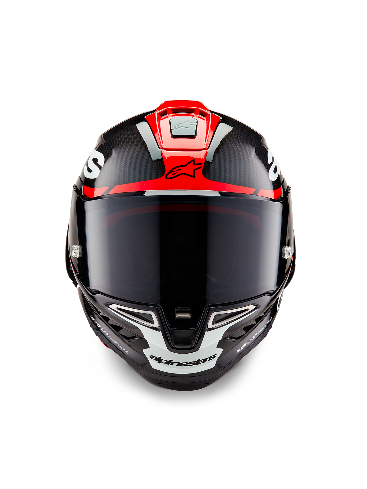 Alpinestars Supertech R10 Element-hjälm, svart kolfiber med glansig grafik i klarrött och vitt, frontal vy med mörkt rökfärgat visir, synlig kolfiberstruktur och integrerad ventilation, professionell racinghjälm