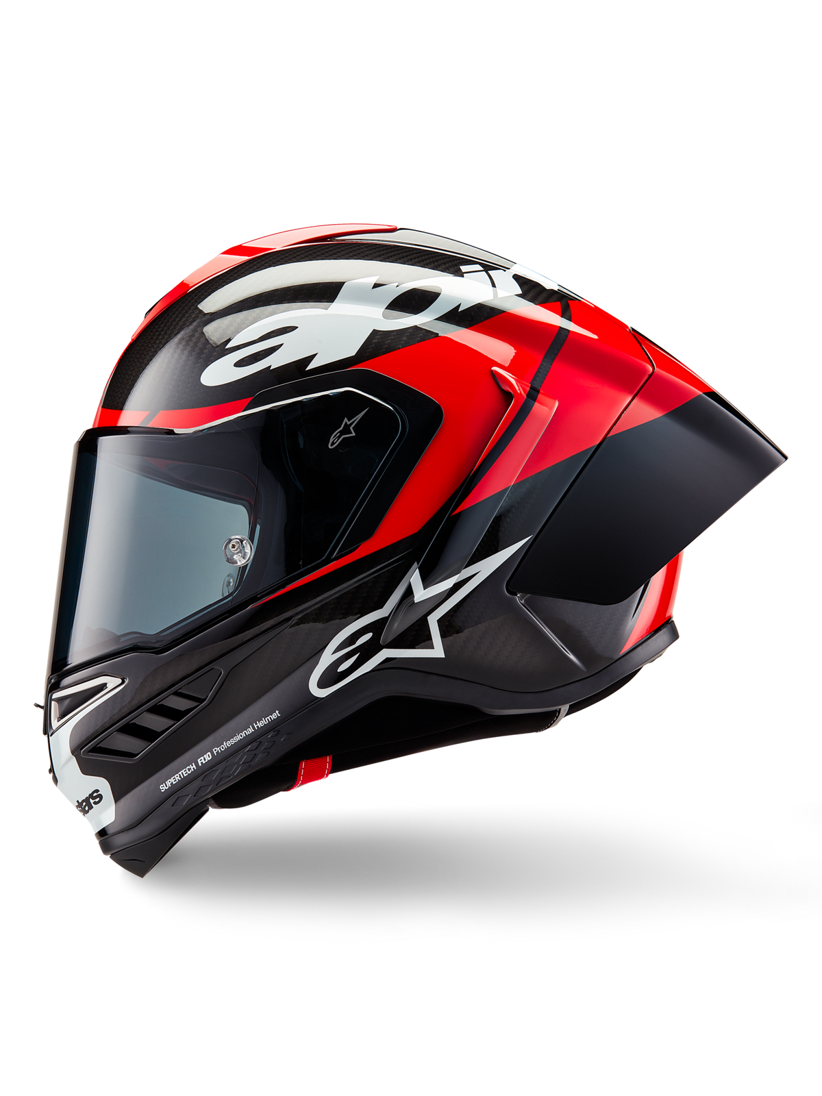 Alpinestars Supertech R10 Element hjälm, integralhjälm för racing, svart kolfiber, klarröd och vit blank yta, sidoprofilvy som visar aerodynamiskt kolfiberskal med synlig väv, vit Alpinestars-logotyp och integrerad bakre spoiler