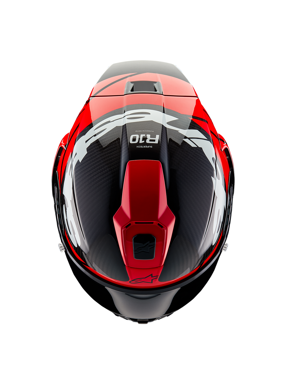 Alpinestars Supertech R10 Element-hjälm, vy ovanifrån, svart kolfiber med klarröd och vit blank grafik, aerodynamisk racinghjälm med stora vita logotyper och synlig kolfiberväv