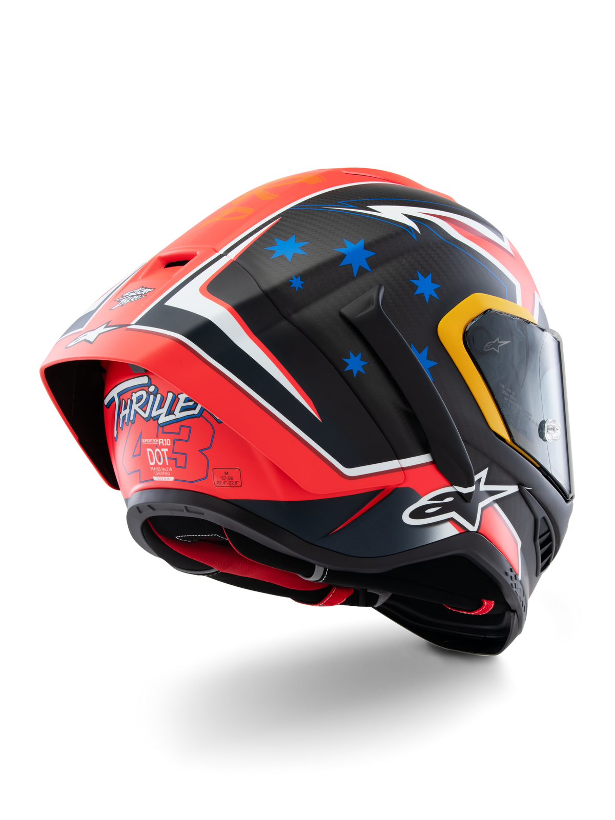 Alpinestars Supertech R10 Miller Limited Edition-hjälm, heltäckande racinghjälm, Carbon Red Matt med blå stjärnor och vita detaljer, 'Thriller 43'-grafik på baksidan, stor aerodynamisk spoiler, kolfiberkonstruktion