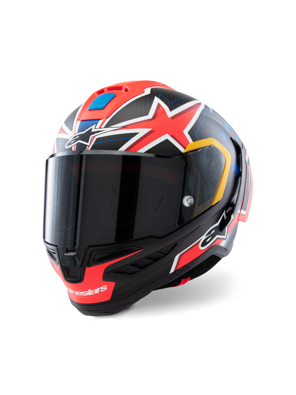Alpinestars Supertech R10 Miller Limited Edition-hjälm, integralhjälm för racing, Carbon Red Matt med röda stjärnor, blå och gula grafiska detaljer, mörkt rökfärgat visir, aerodynamiskt kolfiberskal för professionell motorcykelracing