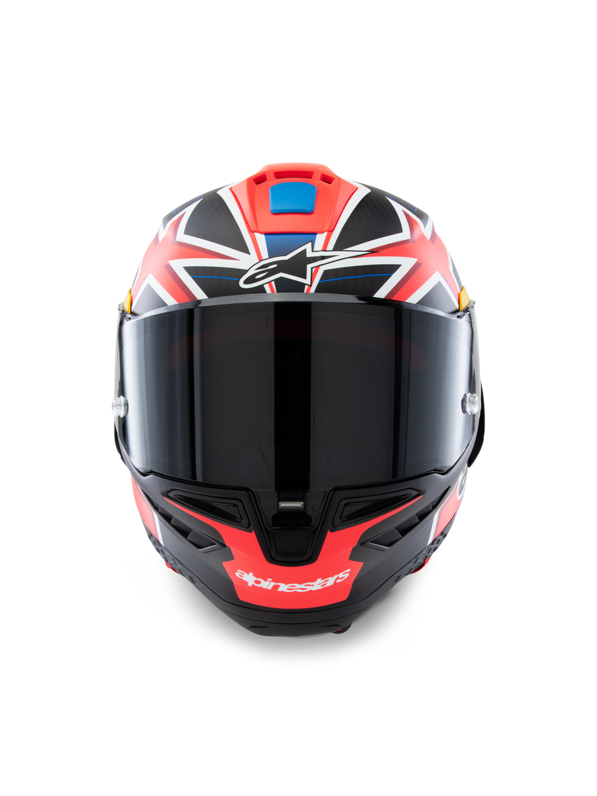 Alpinestars Supertech R10 Miller Limited Edition hjälm, framifrån, integralhjälm för racing med Carbon Red Matt-grafik samt vita och blå detaljer, mörkt rökfärgat visir, Jack Miller-signaturdesign, aerodynamisk kolfiberskalkonstruktion