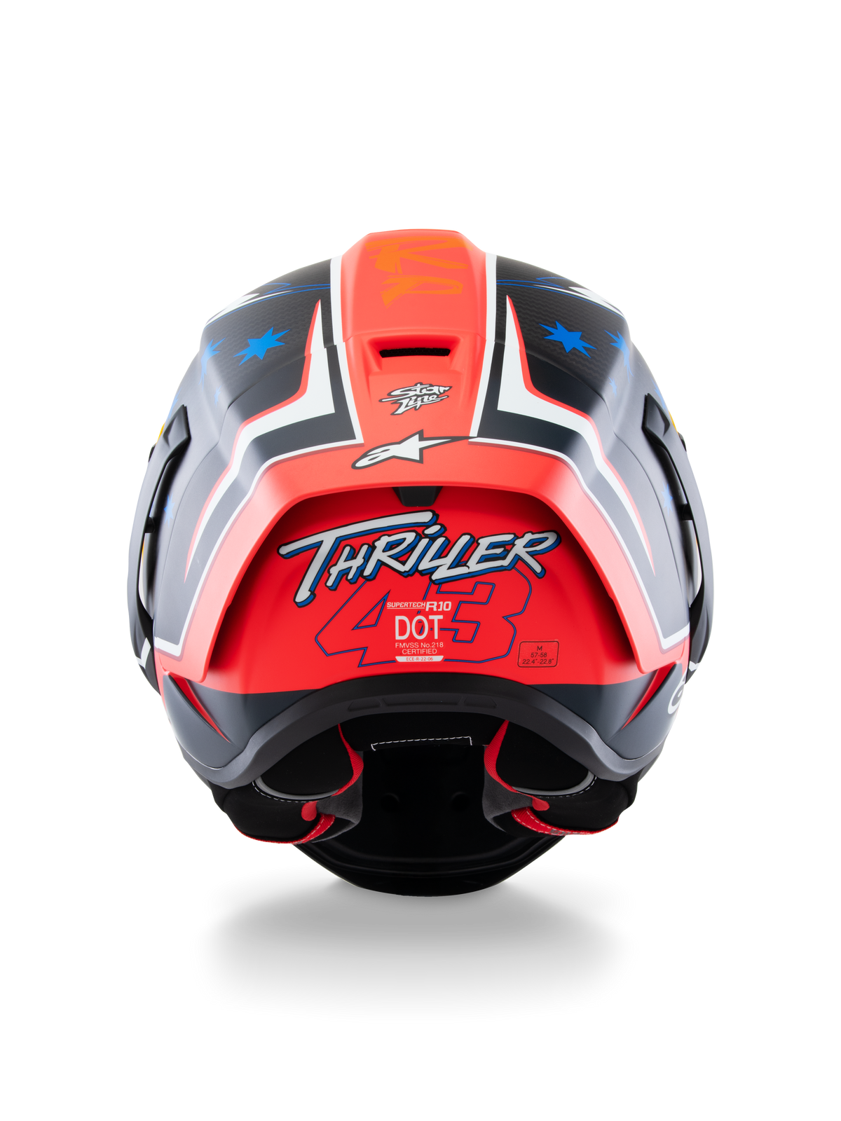 Alpinestars Supertech R10 Miller Limited Edition hjälm, integralhjälm för racing, Carbon Red Matt med blå stjärngrafik, vy bakifrån som framhäver 'Thriller 43'-logotypen på den röda spoilern, aerodynamisk design med certifieringsetiketter