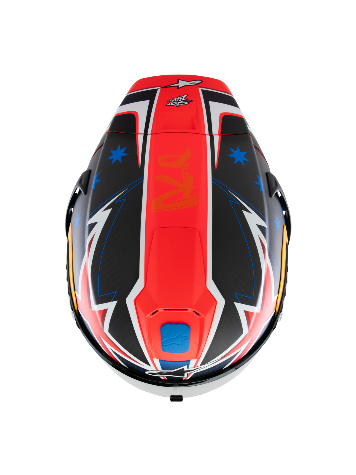Alpinestars Supertech R10 Miller Limited Edition-hjälm, vy uppifrån, Carbon Red Matt-grafik med en central röd rand, blå stjärnor på svarta kolfibersektioner, vita och blå blixtliknande accenter, aerodynamisk racingdesign för prestanda på banan.