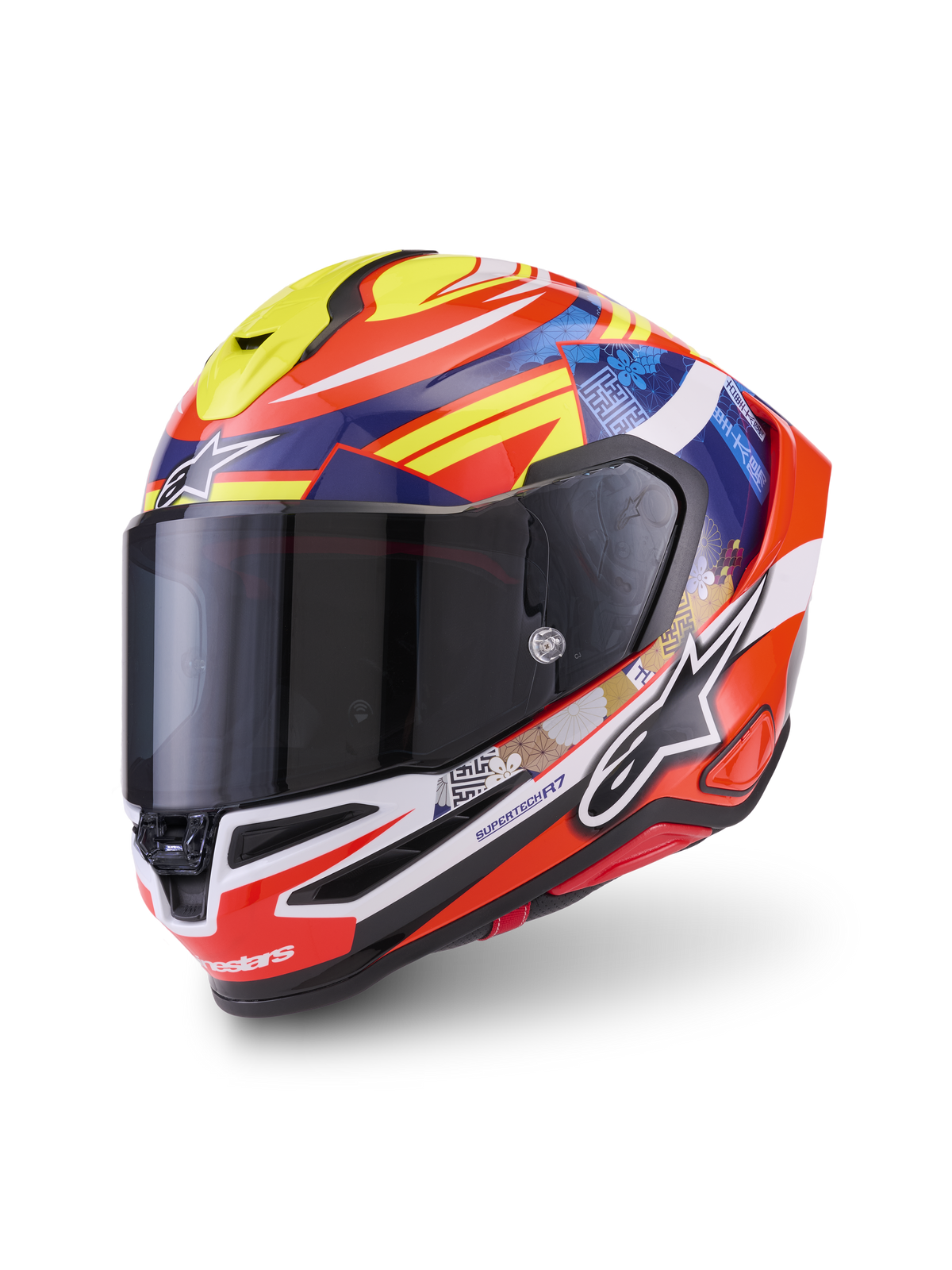 Alpinestars S-R7 Taiyo Furusato Helmet, Full Face Motorcycle Racing Helmet, Red, Blue, and Yellow, Carbon Composite Shell, Front Three-Quarter View with Dark Visor, ECE 22.06 Certified