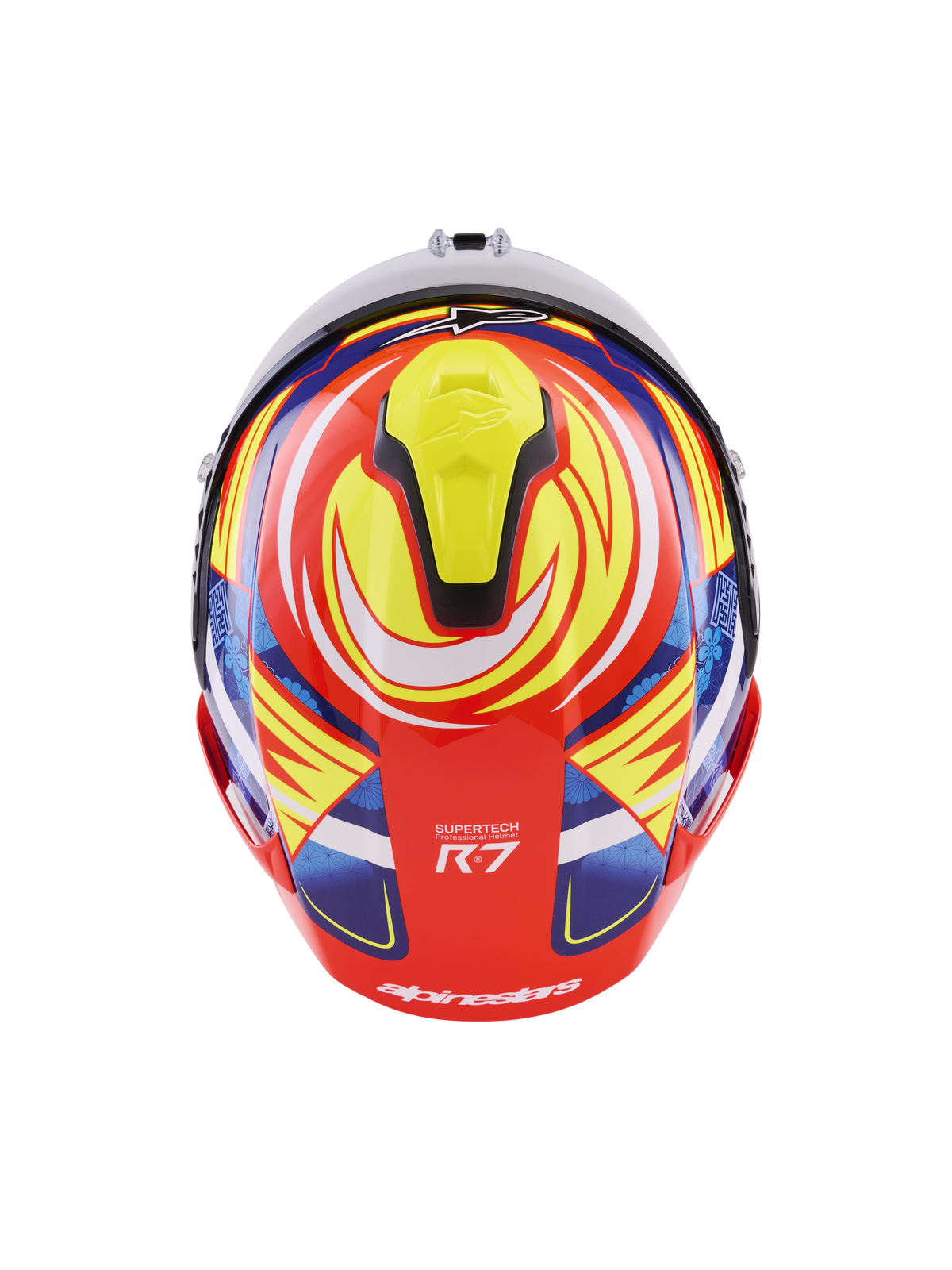 Alpinestars S-R7 Taiyo Furusato Helmet, Full Face Motorcycle Racing Helmet, Red and Yellow, top view displaying the fluorescent yellow sliding vent and aerodynamic Supertech R7 graphic design.