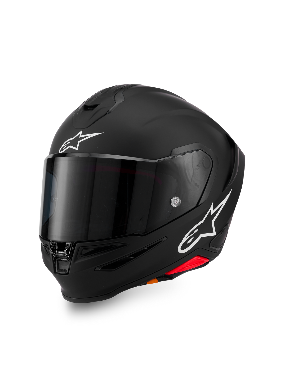 Alpinestars S-R7 Solid-hjälm, integralhjälm för motorcykel, mattsvart med vita A-star-logotyper på pannan och sidan, mörktonat visir, aerodynamisk skaldesign för racing och sportkörning