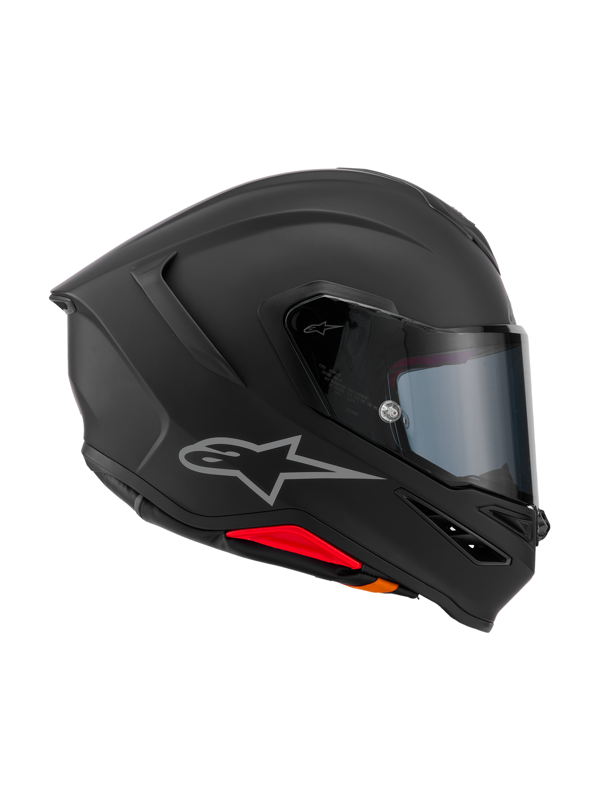 Alpinestars S-R7 Solid-hjälm, integralhjälm för motorcykel, mattsvart, profilvy från sidan som visar aerodynamiskt skal i kolfiberkomposit, integrerad bakre spoiler, silverfärgad Astars-logotyp, klart visir och ventilationsportar, racing- och sportutrustning