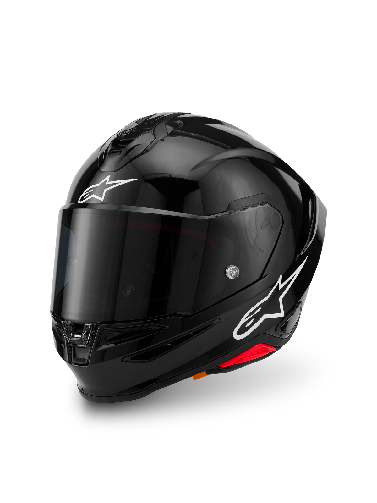 Alpinestars S-R7 Solid hjälm, Black Glossy, integralhjälm för motorcykel med kolfiberkompositskal, vita stjärnlogotyper på pannan och sidan, aerodynamisk design med integrerad spoiler och ventilationsöppningar