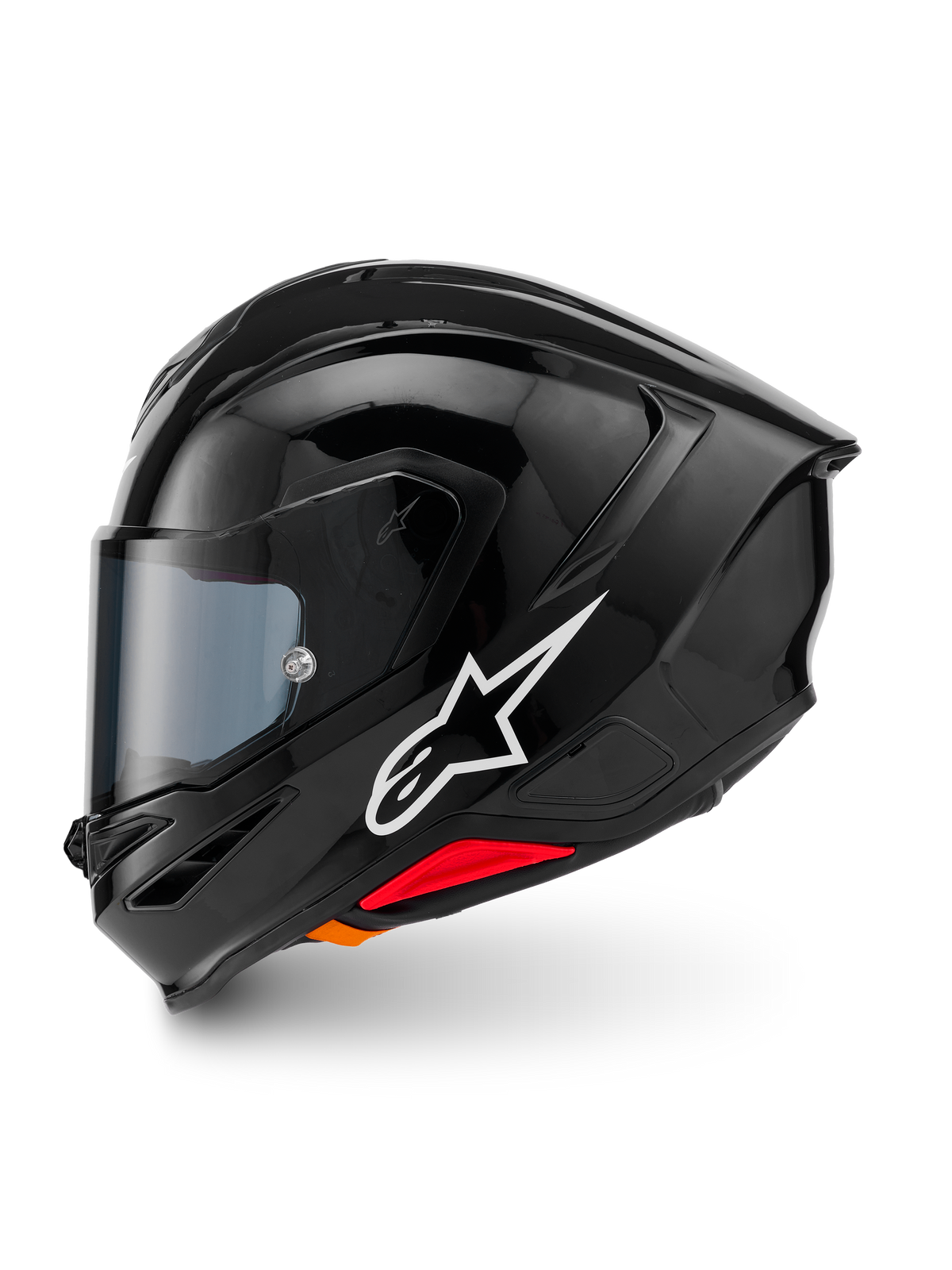 Alpinestars S-R7 Solid-hjälm, integralhjälm för motorcykel, blanksvart, profilvy från vänster sida med vit Alpinestars-logotyp, aerodynamiskt skal med integrerad spoiler, tonat visir och röda detaljer.