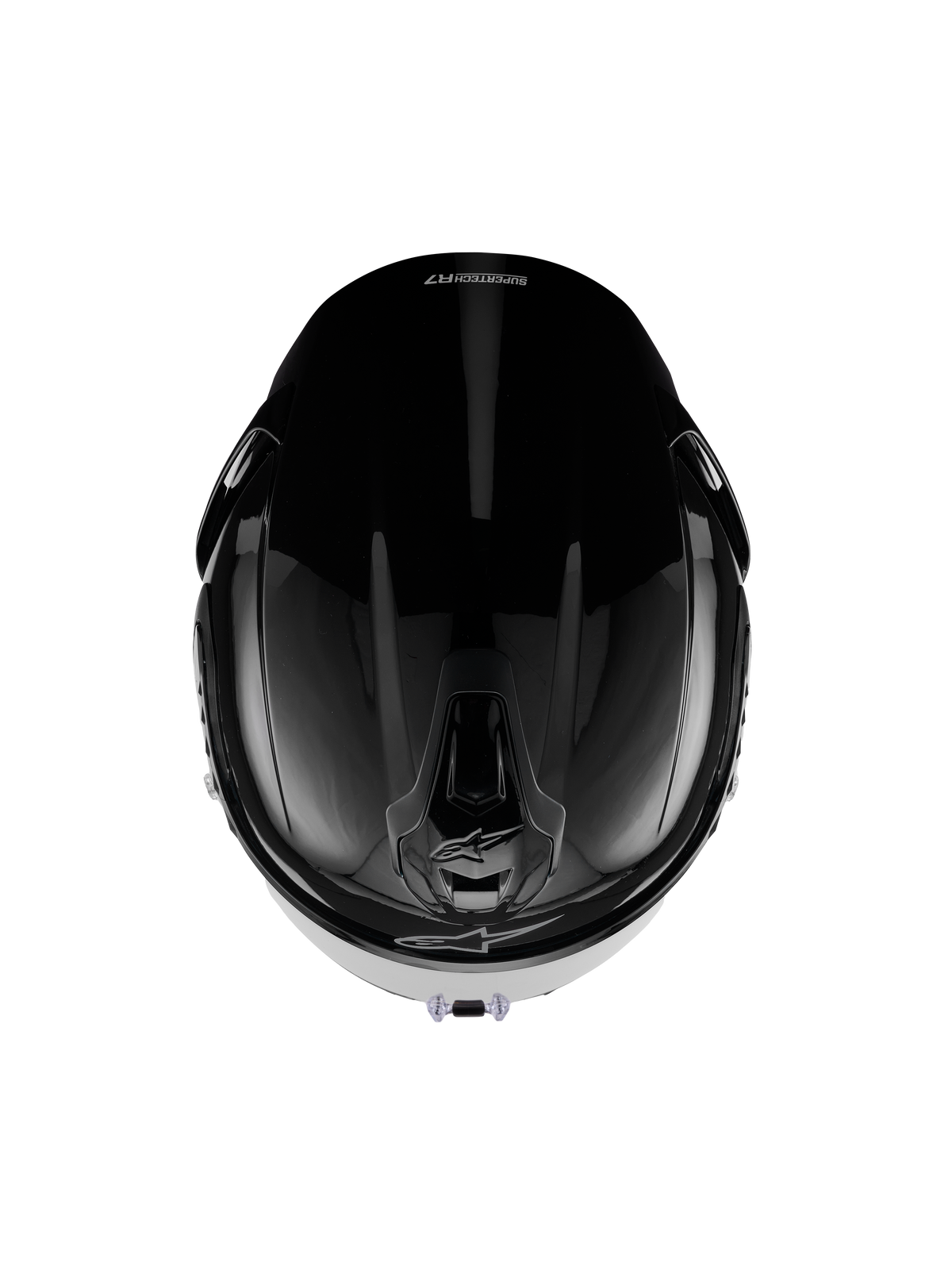 Alpinestars S-R7 Solid hjälm, integralhjälm för motorcykel, blanksvart, vy uppifrån som visar det aerodynamiska skalet, ventilationsöppningar och en elegant blank finish