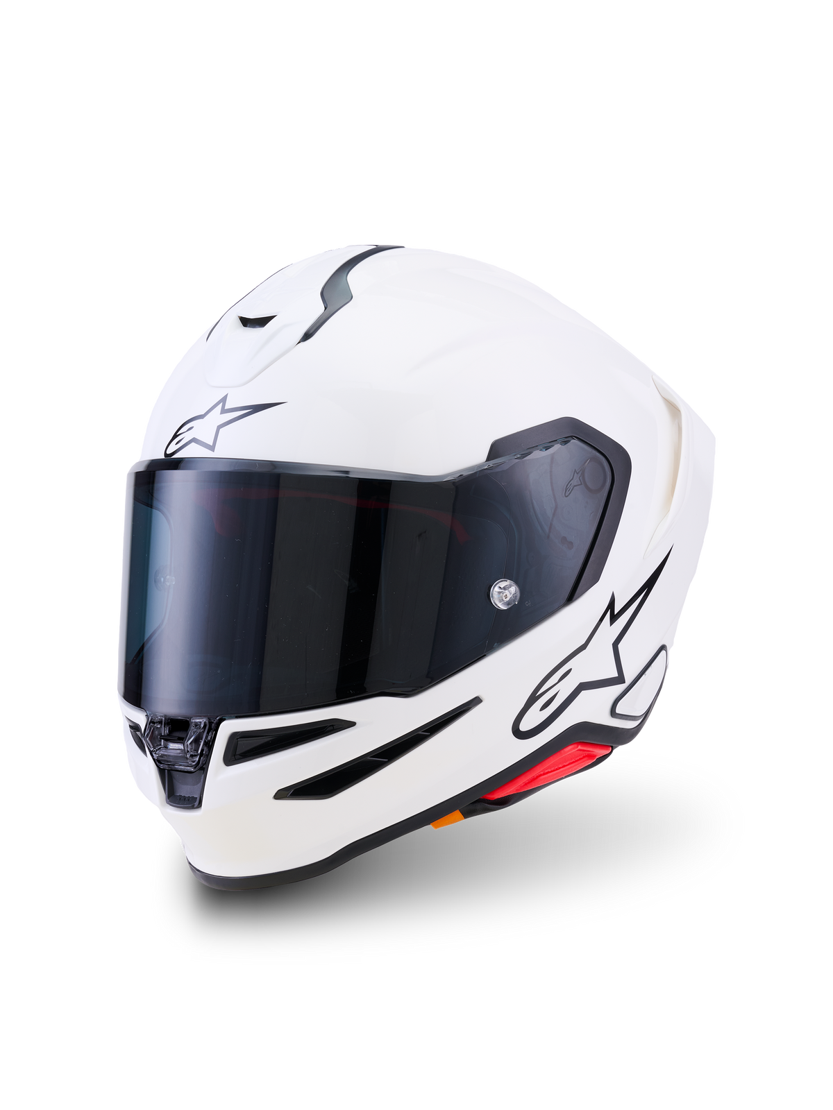 Alpinestars S-R7 Solid-hjälm, integralhjälm för motorcykel, vit glansig, mörkt röktonat visir, svart stjärnlogotyp på pannan och sidan, aerodynamiskt skal med ventilationsöppningar och röda accenter, högpresterande racing- och vägutrustning
