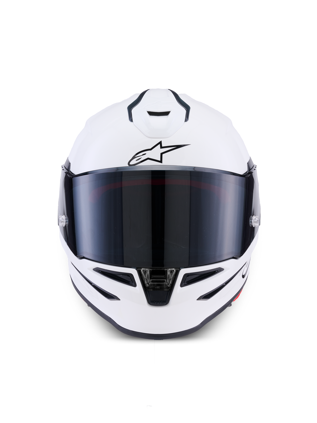 Alpinestars S-R7 Solid hjälm, integralhjälm för motorcykel, vit, vy framifrån med mörkt tonat visir, aerodynamiskt skal med integrerade ventiler, professionell racing- och sportutrustning
