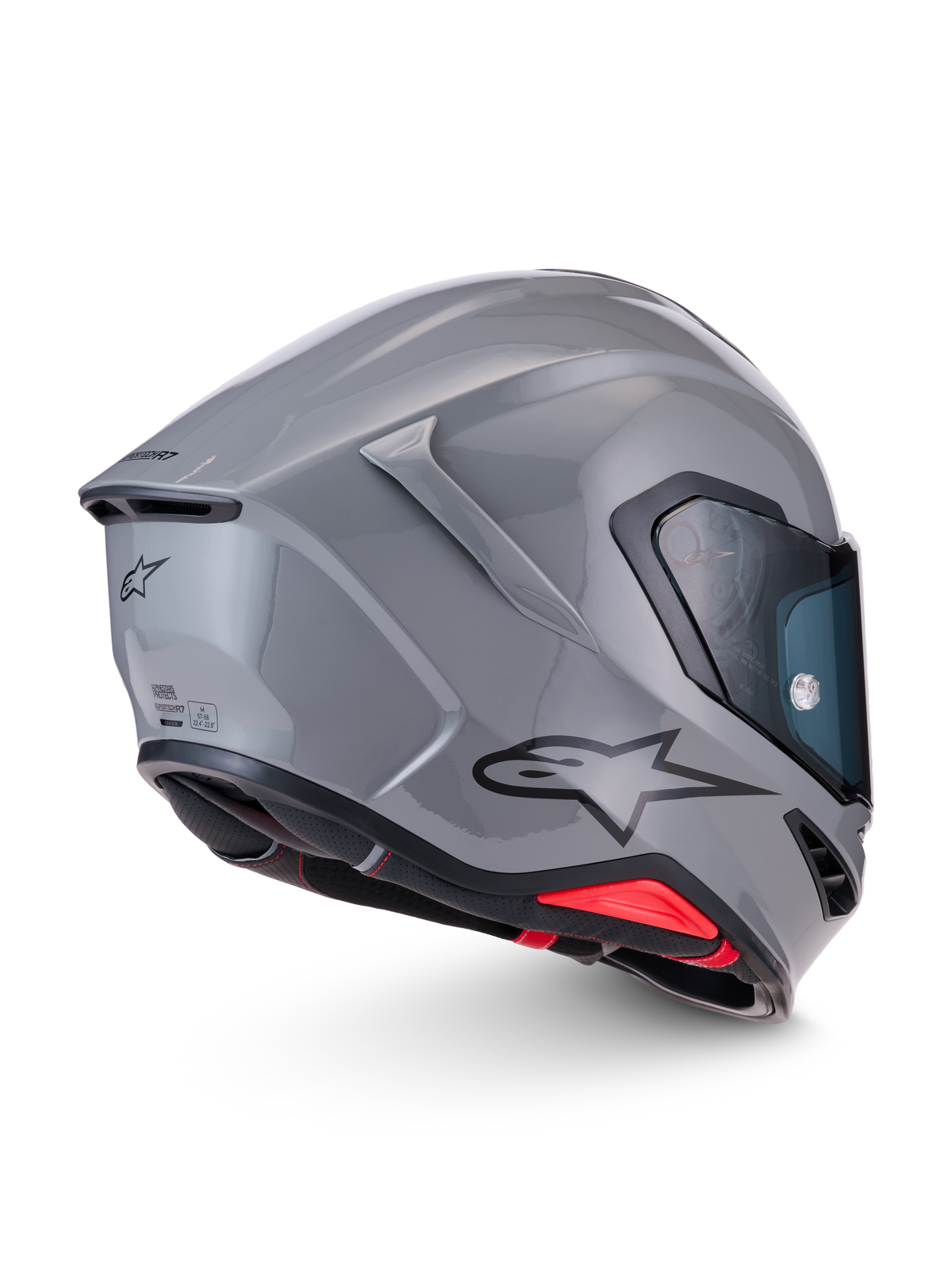 Alpinestars S-R7 Solid Helmet ECE 22.06, motorcycle road helmet in gray glossy with carbon composite construction, aerodynamic rear spoiler, and side Alpinestars logo branding