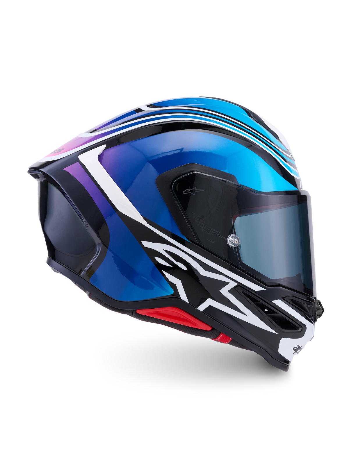 Alpinestars S-R7 Zeal hjälm, helhjälm för motorcykelracing, svart, blå, rosa och vit, kolfiberkompositkonstruktion, ECE 22.06-certifierad, sidoprofil som visar aerodynamiskt skal och visir