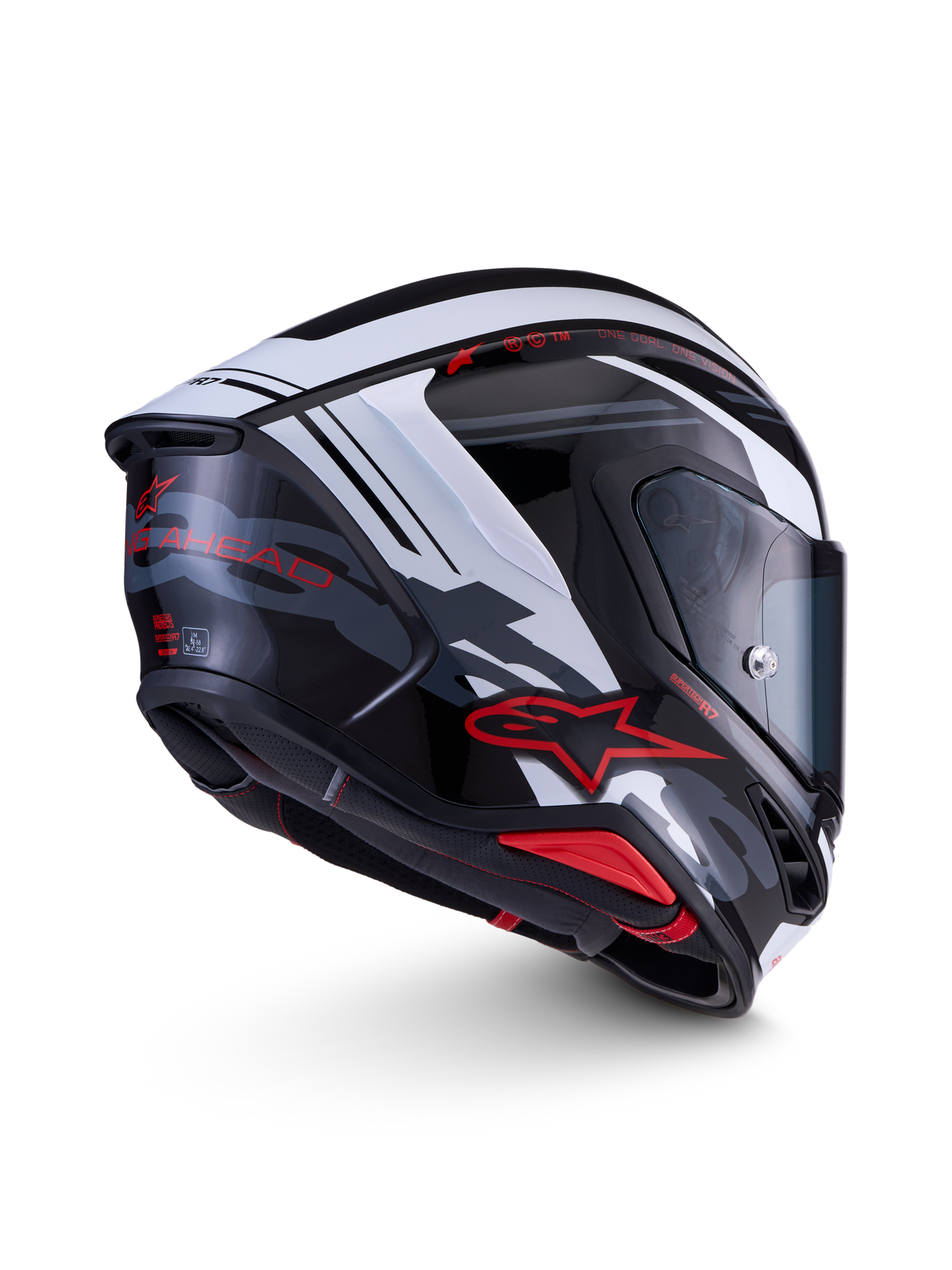 Alpinestars S-R7 A-Core hjälm, helhjälm för motorcykelracing, svart, vit och röd blank finish, kolfiberkompositkonstruktion