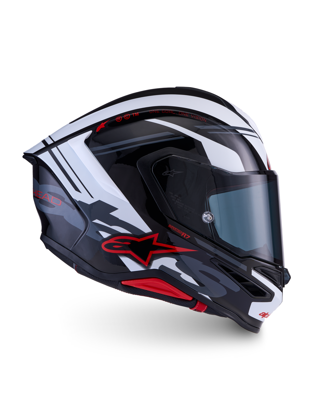 Alpinestars S-R7 A-Core hjälm, helhjälm för motorcykelracing, svart, vit och röd med blank finish, kolfiberkonstruktion, ECE 22.06-certifierad
