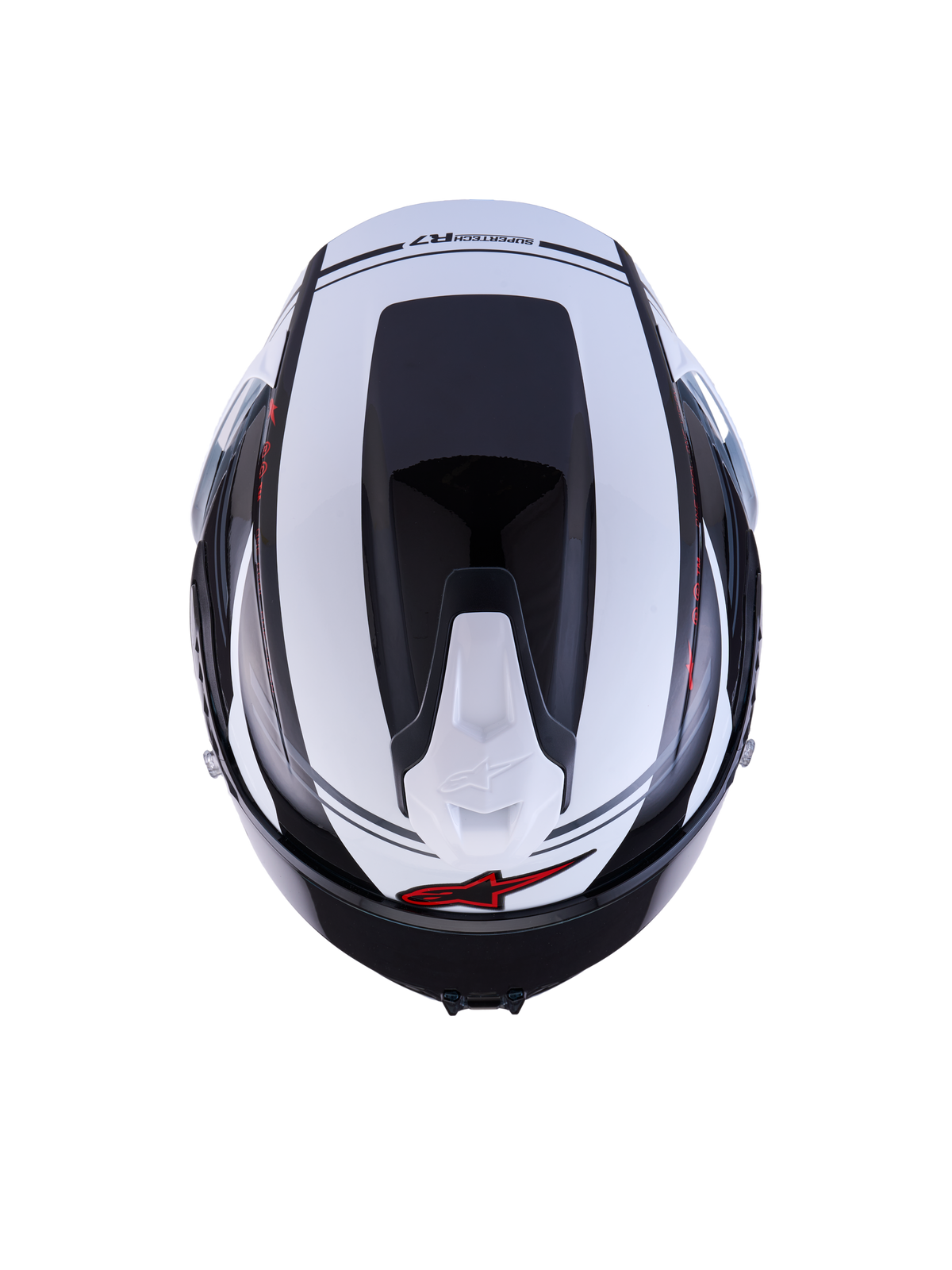 Alpinestars S-R7 A-Core ECE 06 hjälm, toppvy av racing- och sportmotorcykelhjälm i svart, vitt och rött med glansig finish, kolfiberkompositkonstruktion, med aerodynamisk profil och ventilationsdetaljer
