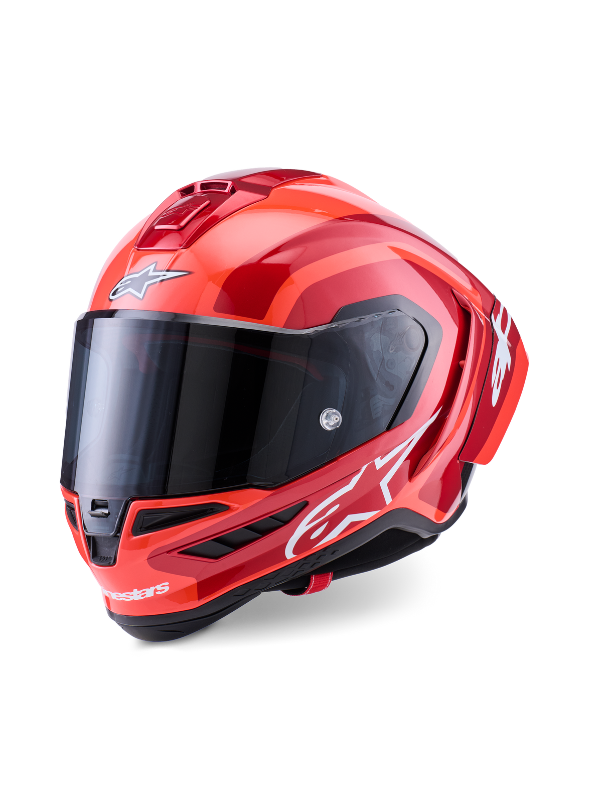 Alpinestars Supertech R10 Arius-hjälm, integralhjälm för racing, blank röd och orange, med vita Alpinestars-logotyper, mörkt tonat visir, aerodynamisk kolfiberkompositdesign med kylsystem med flera ventiler