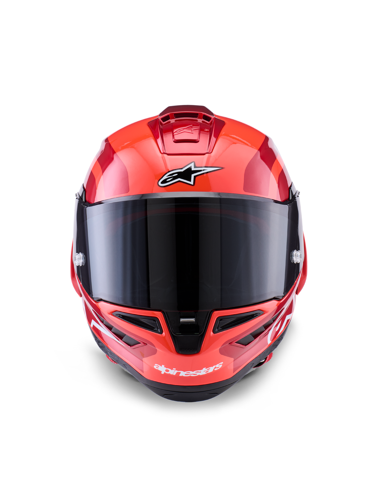 Alpinestars Supertech R10 Arius-hjälm, heltäckande racinghjälm, röd med vita och svarta detaljer, framifrån med mörkt rökfärgat visir, med Alpinestars-logotyp på pannan och hakan, glansig finish med aerodynamiska ventilationsöppningar