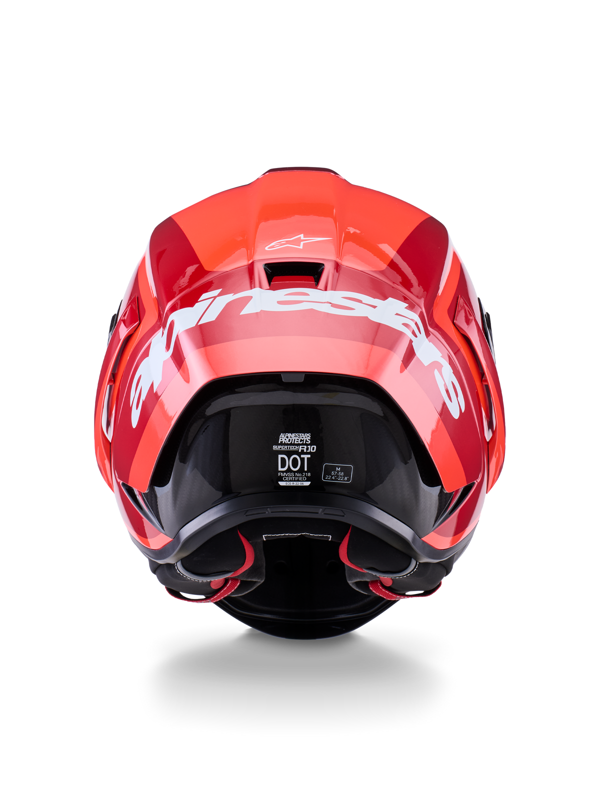 Alpinestars Supertech R10 Arius-hjälm, baksida, glansig röd och mörkröd design, stort vitt Alpinestars-ordmärke över baksidan, synliga DOT- och ECE-certifieringsetiketter, aerodynamisk racinghjälm med hög prestanda