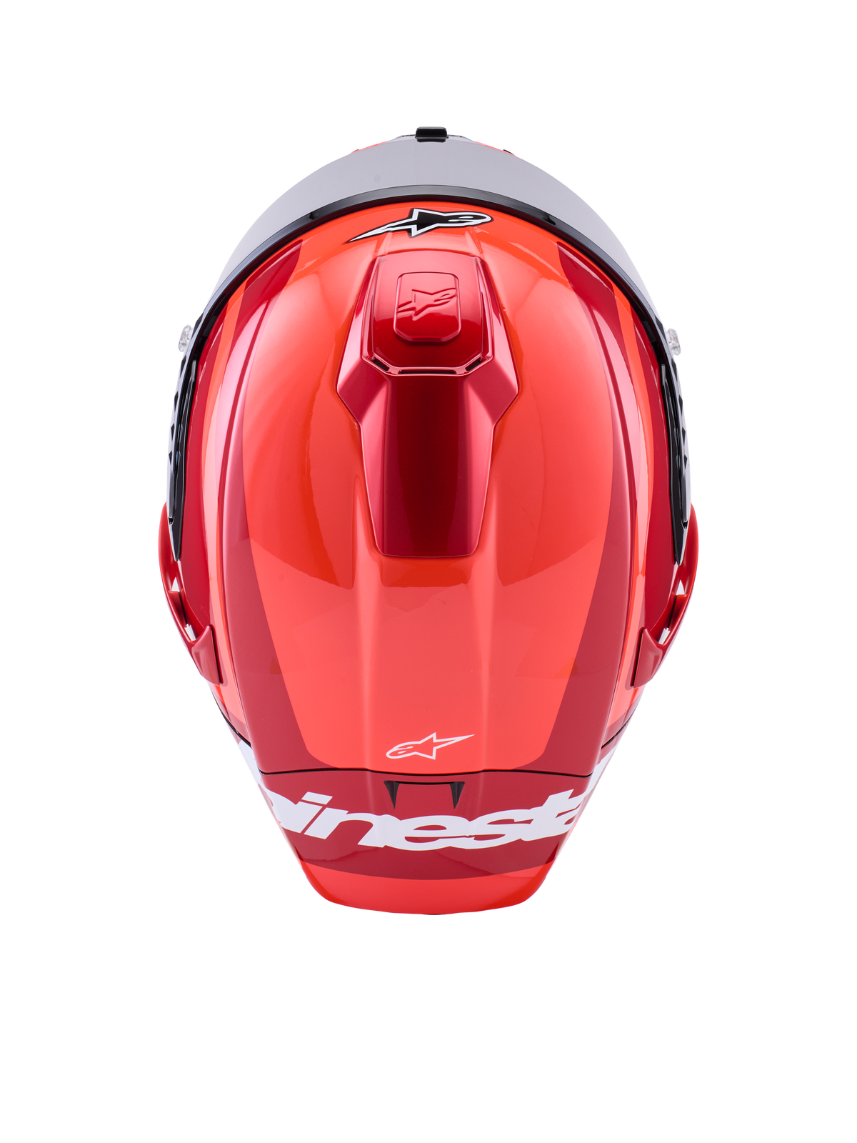 Alpinestars Supertech R10 Arius-hjälm, integralhjälm för racing, glansig röd med vita detaljer, vy ovanifrån som visar aerodynamiska skalkonturer, vit Alpinestars-logotyp och integrerad övre ventilation