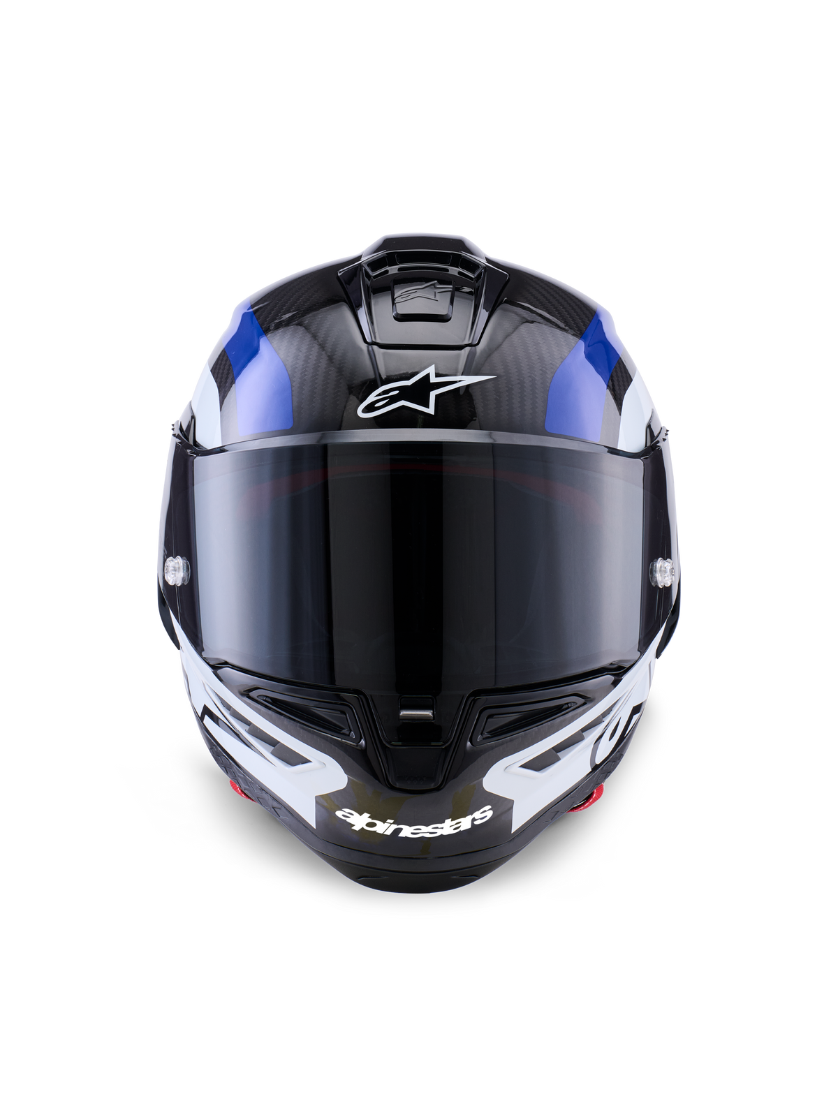 Alpinestars Supertech R10 Arius hjälm, integralhjälm för racing, svart, vit och blå glansig, frontvy med mörkt rökfärgat visir, synlig kolfibertextur på det övre skalet, vit Alpinestars-logotyp på panna och haka, strömlinjeformad aerodynamisk design för professionell racing