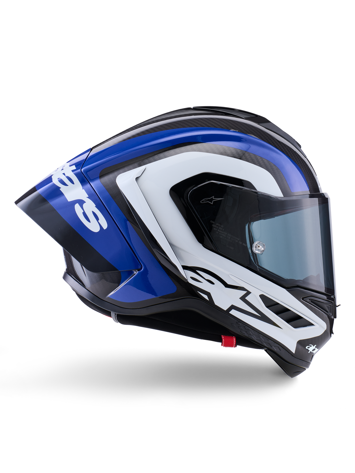 Alpinestars Supertech R10 Arius-hjälm, heltäckande racinghjälm, svart, vit och blå glansig finish, aerodynamisk sidovy som visar kolfiberskal och stor bakspoiler med Alpinestars-logotyp, professionell skyddsutrustning för motorcyklar