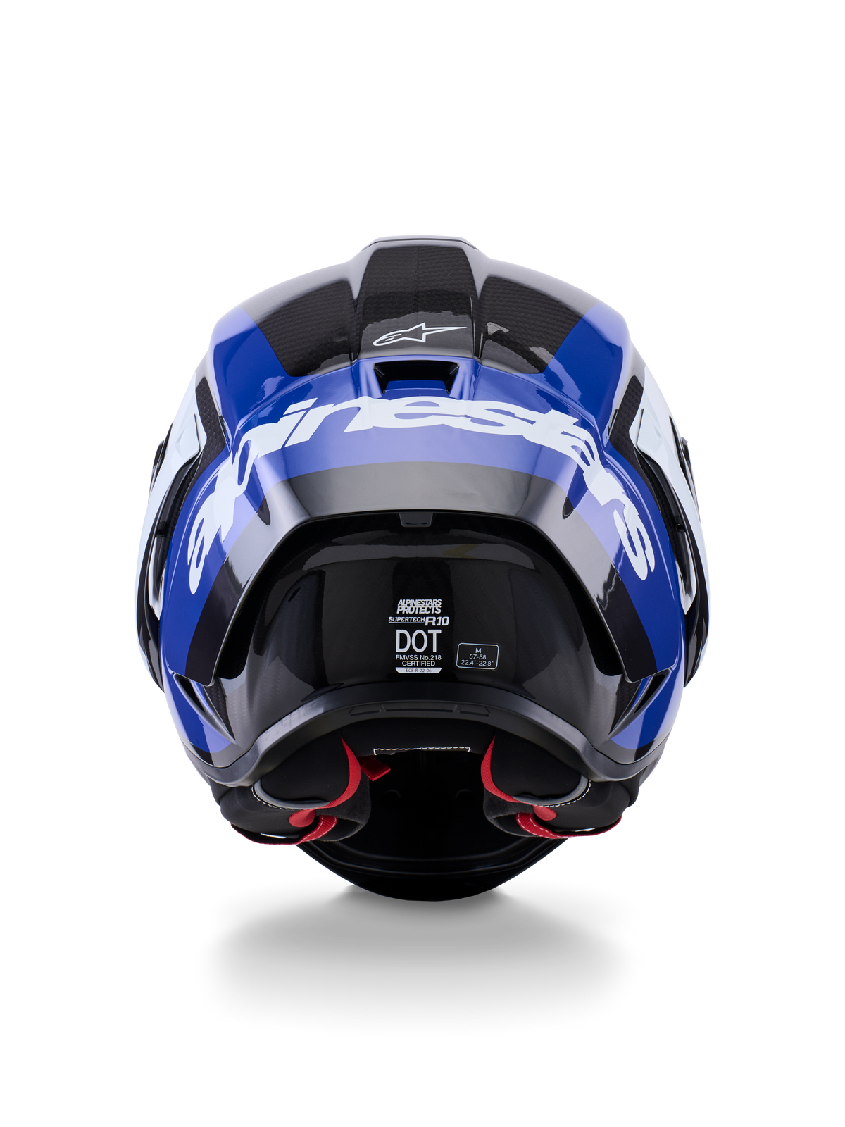 Alpinestars Supertech R10 Arius-hjälm, sedd bakifrån, glansig svart, vit och blå, kolfiberkonstruktion med tydlig vit logotyp, aerodynamisk form, DOT-certifierad etikett, rött innerfoder