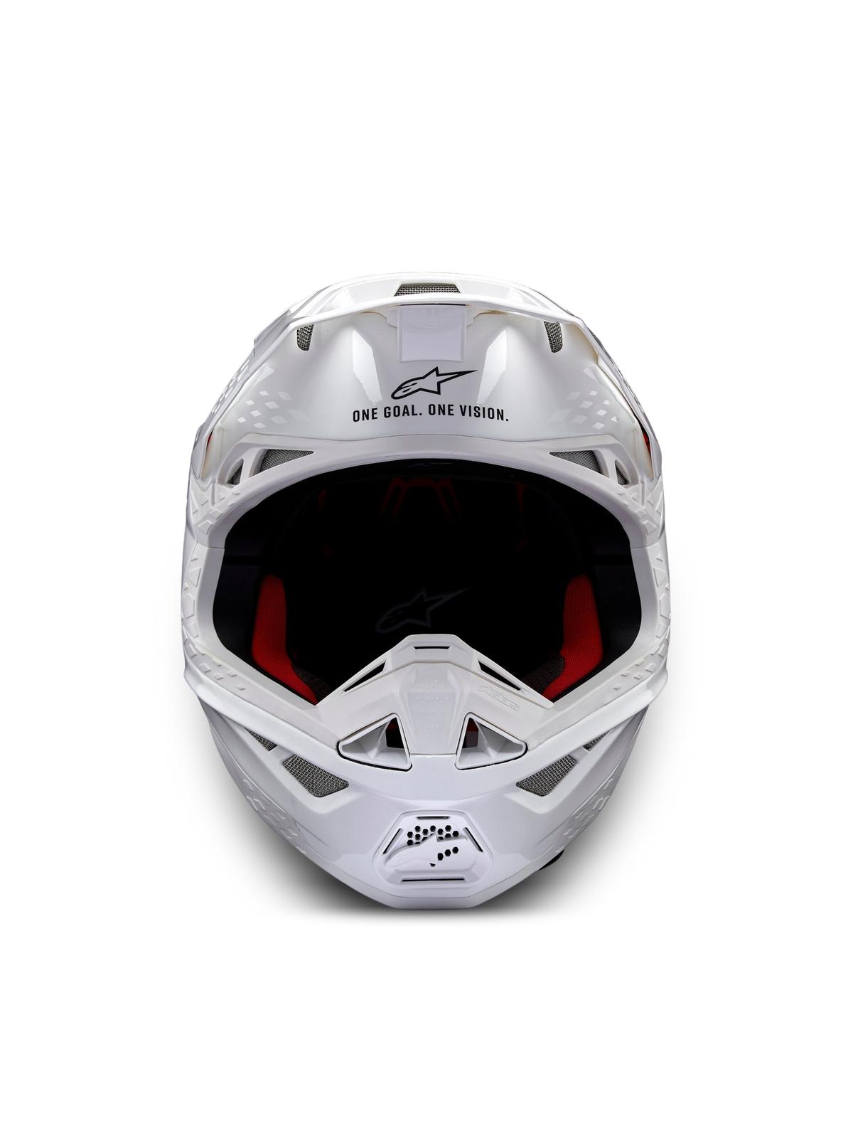 Alpinestars Supertech M10 Solid Helmet ECE 22.06, white glossy motocross helmet, front view with red and black interior padding