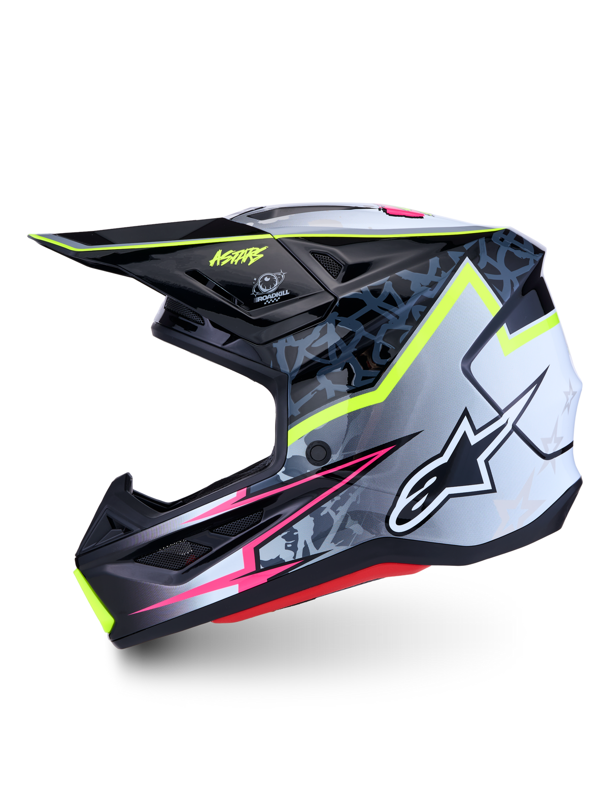 Alpinestars S-M7 Blaster Helmet ECE06, black and gray motocross helmet with fluo yellow and pink graphics.
