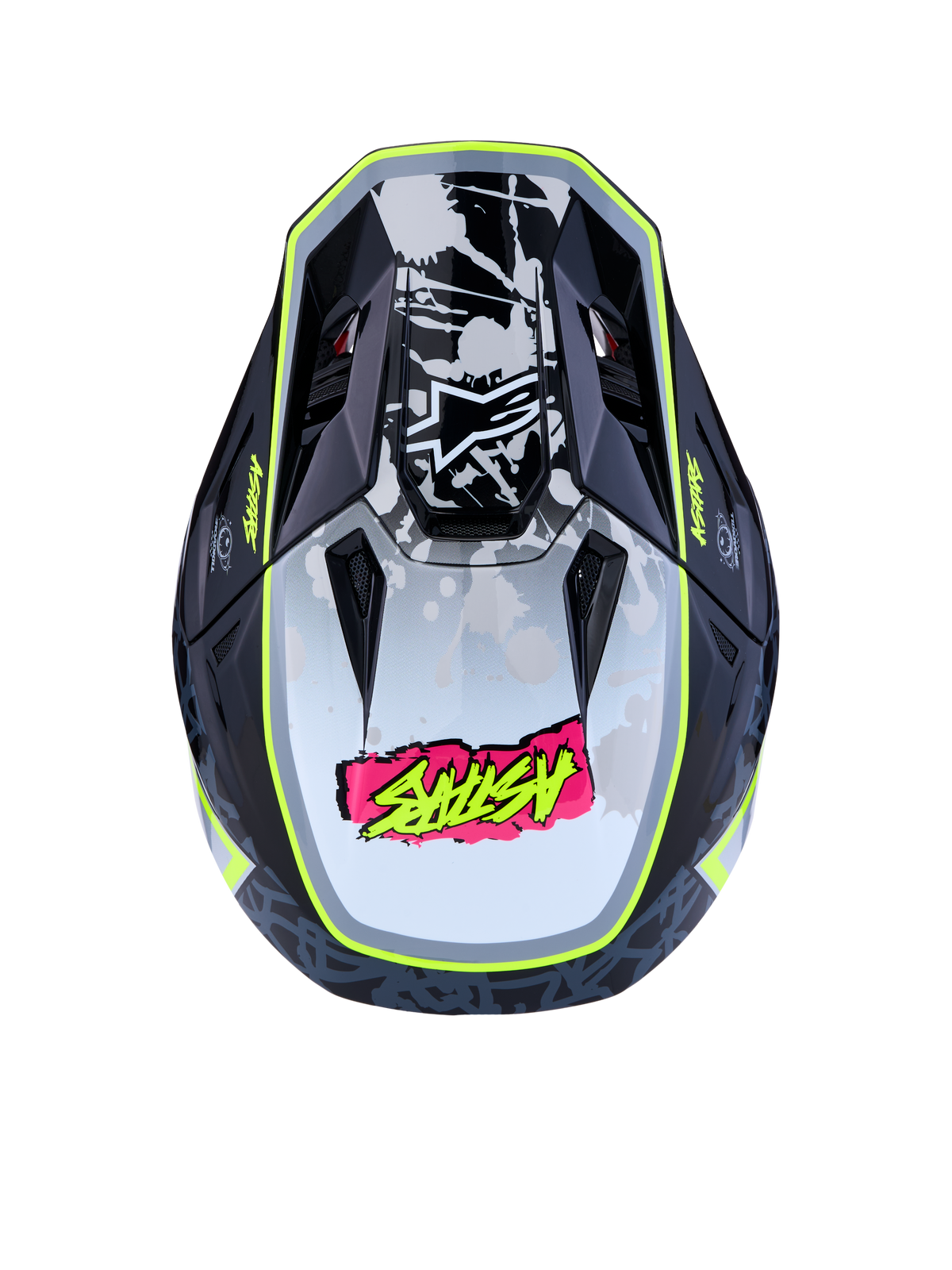 Alpinestars S-M7 Blaster Motocross Helmet, top view in black and gray with fluo yellow trim and pink logo.