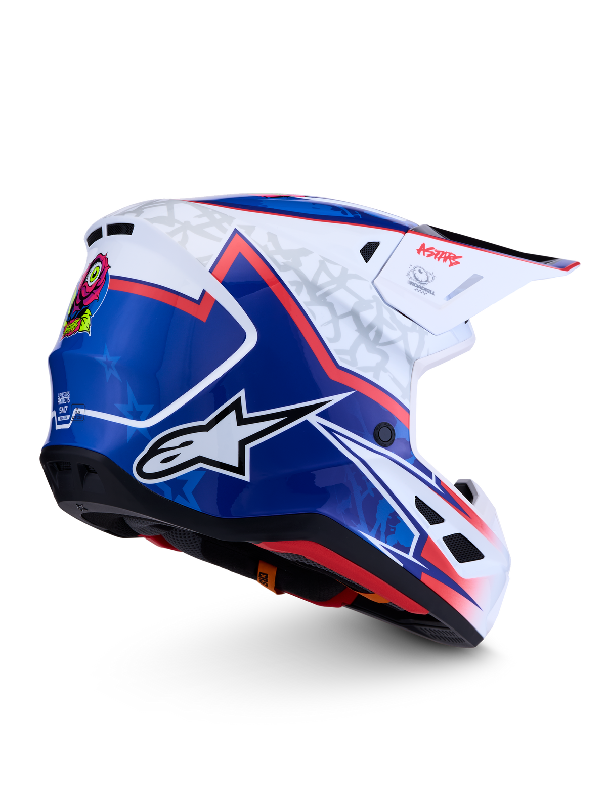Alpinestars S-M7 Blaster hjälm, blå och vit motocrosshjälm med röda detaljer och aerodynamiskt skal.