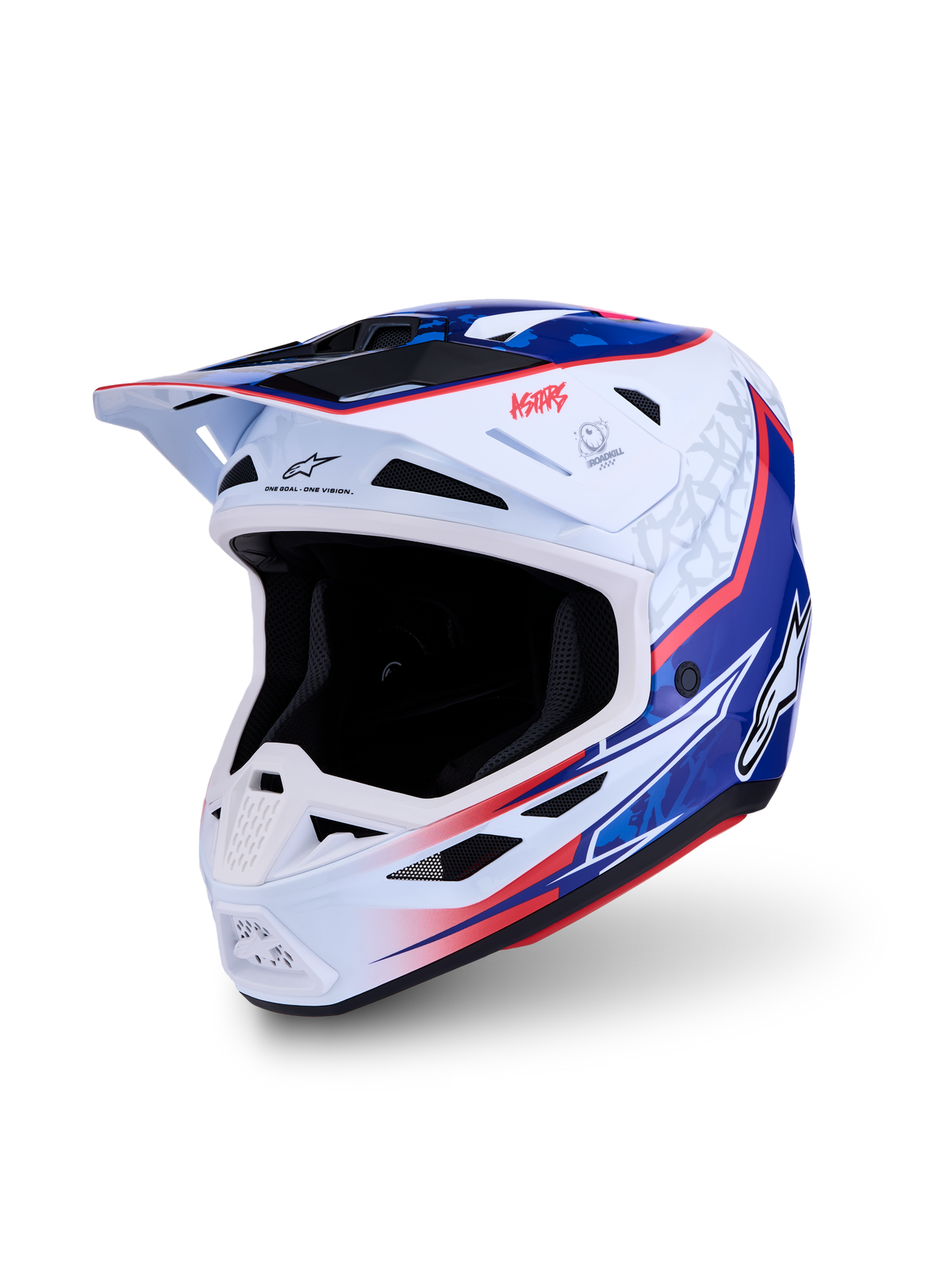 Alpinestars S-M7 Blaster hjälm, motocrosshjälm i vitt, blått och rött, glansig finish, ECE 22.06-certifierat lättviktsskal