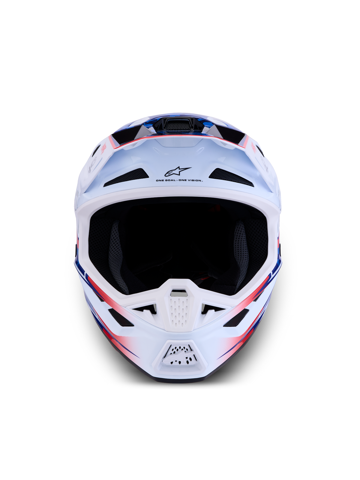 Alpinestars S-M7 Blaster hjälm ECE06, vit, blå och röd blank motocrosshjälm, lätt kompositskal och avancerad ventilation.