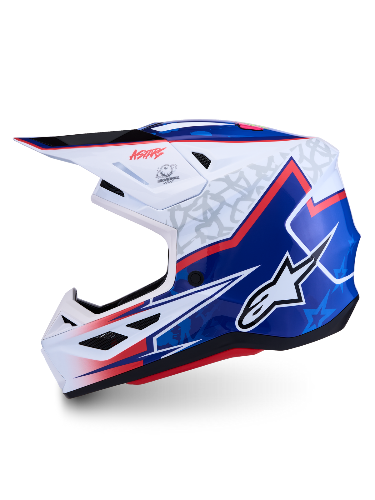 Alpinestars S-M7 Blaster hjälm ECE06, vit och blå motocrosshjälm i blank finish med röda detaljer, ECE 22.06-certifierad
