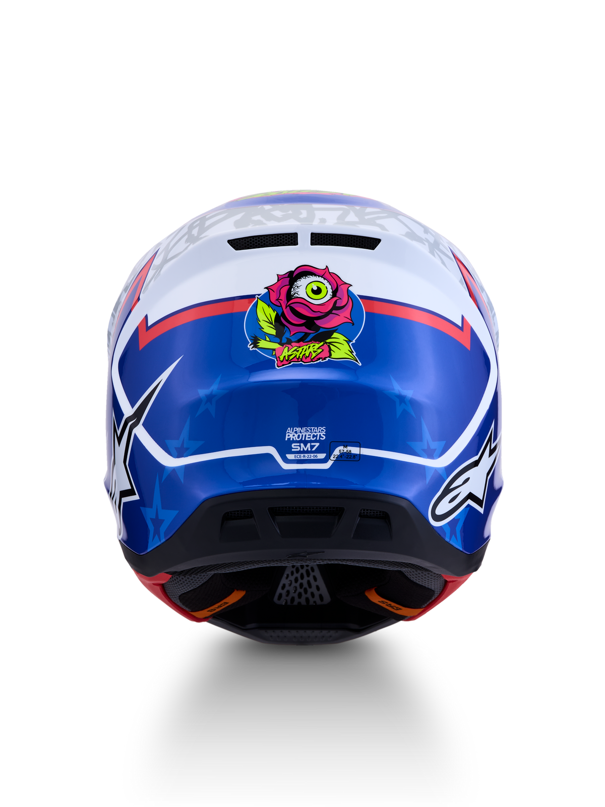 Alpinestars S-M7 Blaster hjälm, blå och vit motocrosshjälm, vy bakifrån med unik rosgrafik, ECE 22-06 certifierad.