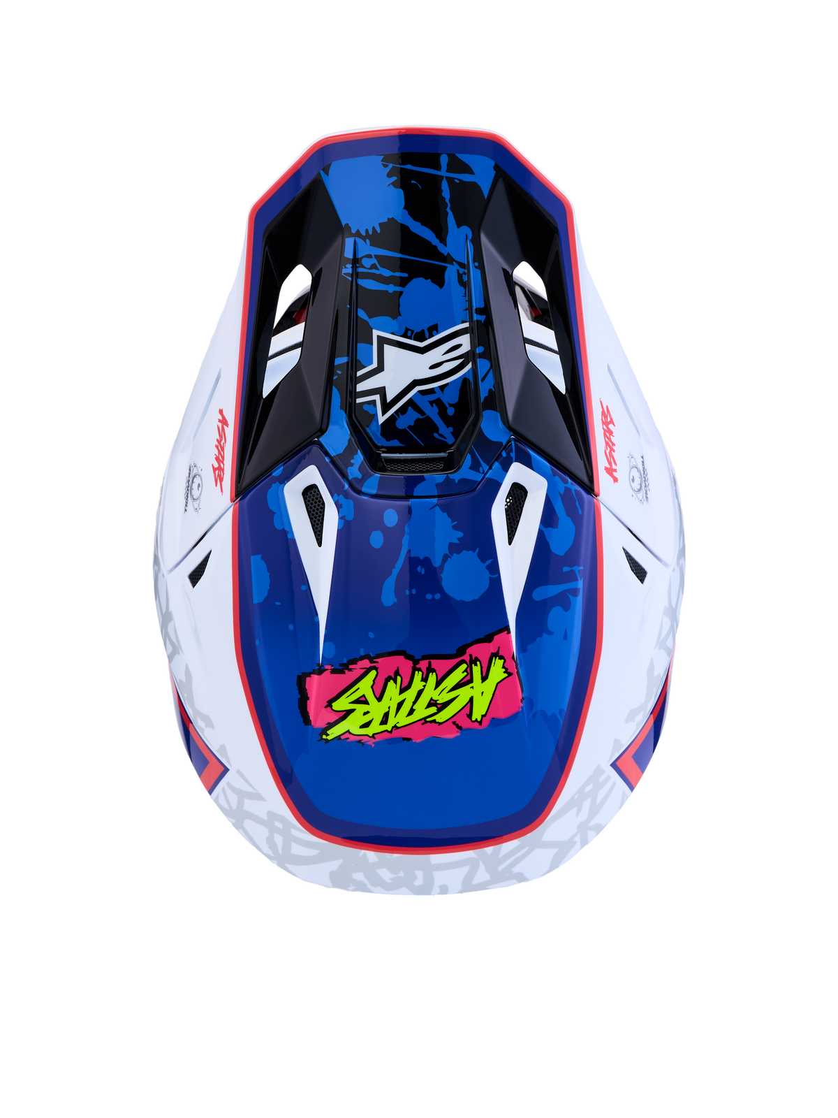 Alpinestars S-M7 Blaster hjälm, motocrosshjälm, vit och blå, ECE 22.06-certifierad, glansig färgstänksgrafik