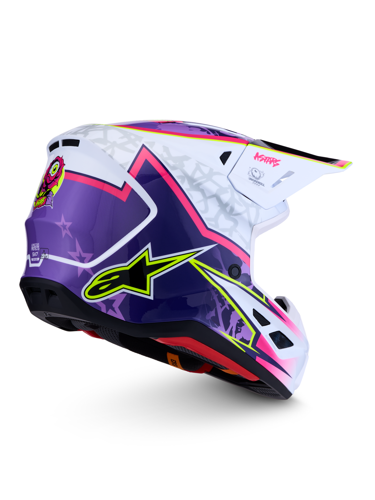 Alpinestars S-M7 Blaster hjälm, lila och rosa motocrosshjälm med vita detaljer, glansig finish, aerodynamiskt skal, ECE 22.06-certifierad